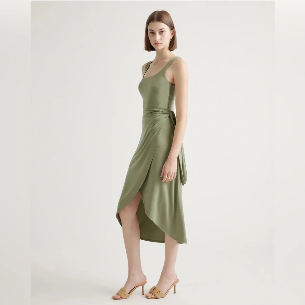 Quince Tencel Jersey Side Tie Midi Dress Dark Olive Size Medium NWT - Picture 3 of 4